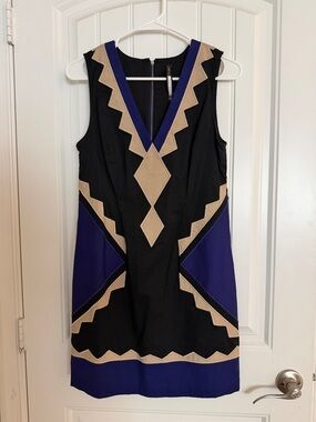 Plenty by Tracy Reese Black, Purple & Tan Geometric V-Neck Shift Dress